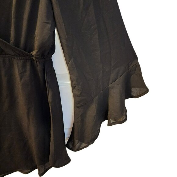 Freebird Black Boho Bell Sleeve Mini Dress Size L Deep V-Neck Flowy Festival - Picture 9 of 11